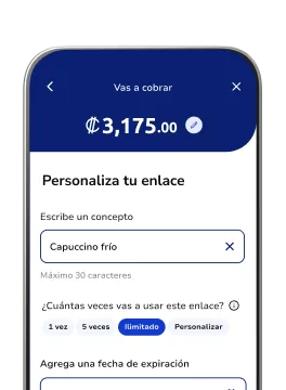 Celular mostrando la app Poket con pantalla de personaliza tu enlace