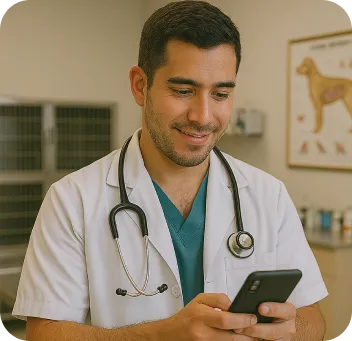 Hombre veterinario sonriente usando celular para cobrar con Poket en su consultorio